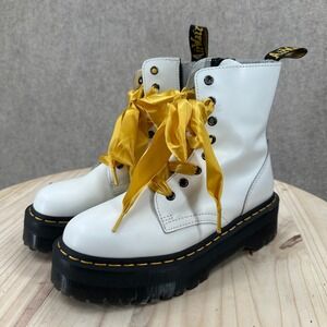 Dr. Martens Jadon White Leather Platform Combat Boots Yellow Ribbon Laces 8-Eye